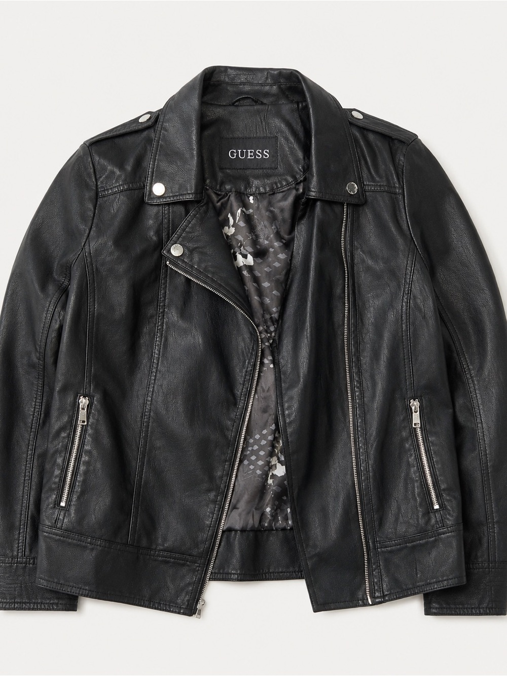 GUESS Black Faux-Leather Moto Jacket with Silver Hardware Accents